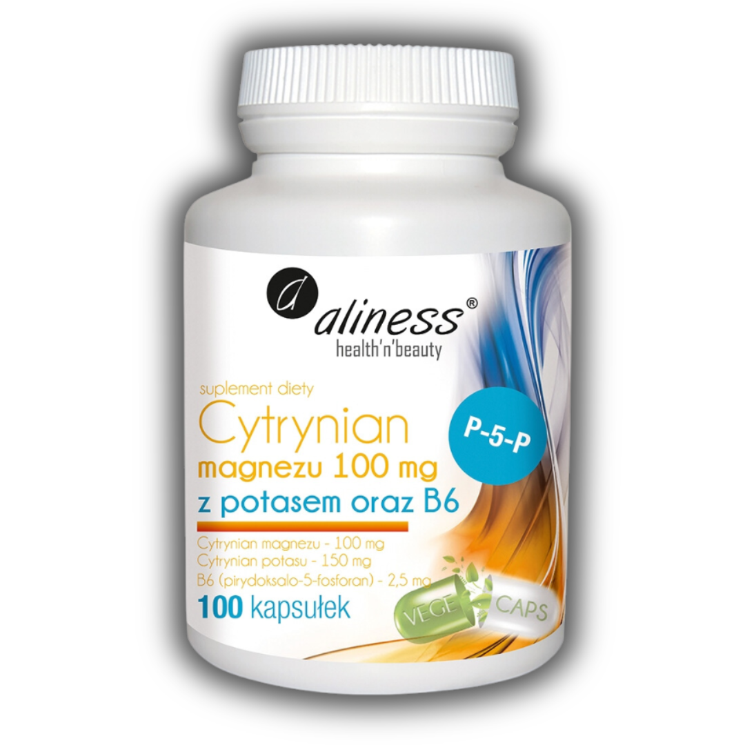 Aliness Cytrynian Magnezu 100 mg z potasem 150 mg oraz B6 (P-5-P) 2,5 mg 100 kapsułek P-5-P magnez